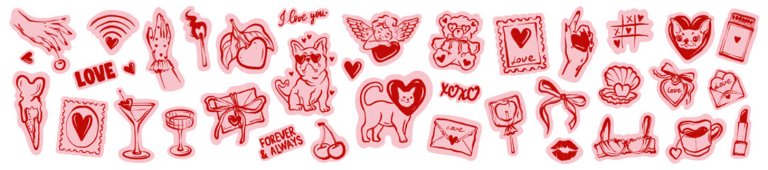 Love doodle sticker set, Valentine day cute hand drawn whimsical illustration, pink romantic print. February 14 holiday creative icon, heart, cherub, wedding ribbon bow. Bachelorette party love doodle
