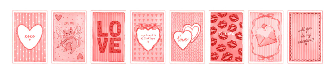 Valentine day love card, romantic holiday watercolor poster, vector hand drawn wedding invitation. February 14 cute postcard print set, funny pink amore banners, lettering. Valentine card frame design