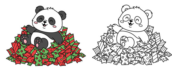 Sitting in a mound of ripped wrapping paper is a cute cartoon Christmas panda Funny vector drawing of an animal character with a black and white outline and color for a coloring book © AbuNazam