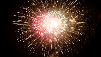 a vibrant burst of color illuminates the night sky with glowing fireworks displaying shades of gold red and white against a dark backdrop high quality professional