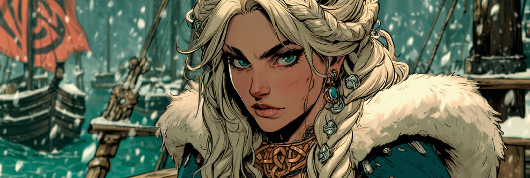 Viking shieldmaiden comic style portrait on snowy ship deck