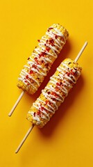 Grilled Mexican elote on sticks with cheese, chili, and mayo on a yellow backdrop, minimalist food photo, template for social media, digital ads, web banners, mobile wallpapers, greeting cards