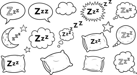 Sleep zzz icon, hand drawn zzz symbol for sleeping, doodle illustration, zzz Zzzz bed sleep snore sound bubble set, snore bubble with cartoon cloud, line emoji for dreamy and relaxed vector set