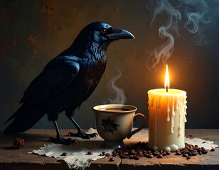 Black raven beside candle, coffee cup, and coffee beans, warm setting