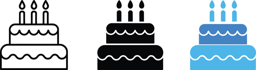 Birthday Cake Icon Set &ndash; Stylized Celebratory Symbols in Outline, Solid, and Blue Variants