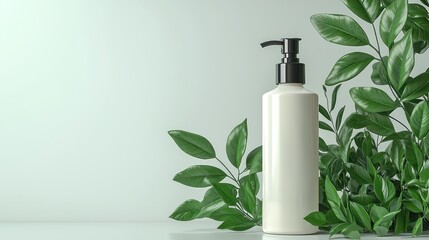 Fototapeta premium White pump bottle surrounded by green leaves