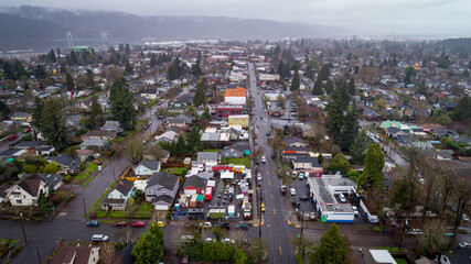 Aerial view of the city's buildings and streets, interspersed with green trees and distant hills under an overcast sky, Saint Johns Bridge, Portland, Oregon, United States.