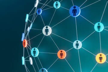 Network of people icons in various colors connected by lines in futuristic digital illustration with blue gradient background for social media