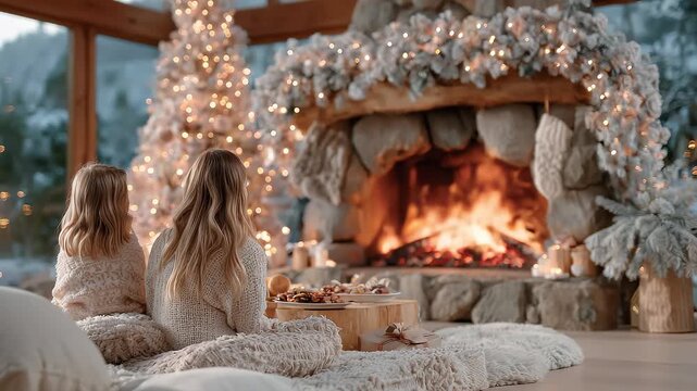 Sisters Cozy by the Christmas Fireplace Sharing Holiday Warmth