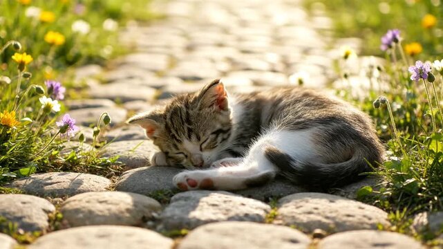 A serene tabby cat sleeping on a stone pathway surrounded by vibrant wildflowers in a sunny outdoor setting with a shallow depth of field.