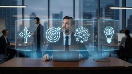Businessman using laptop with digital icons for strategy and innovation