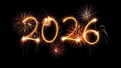 Year 2026 written with sparkler fireworks on black background with fireworks