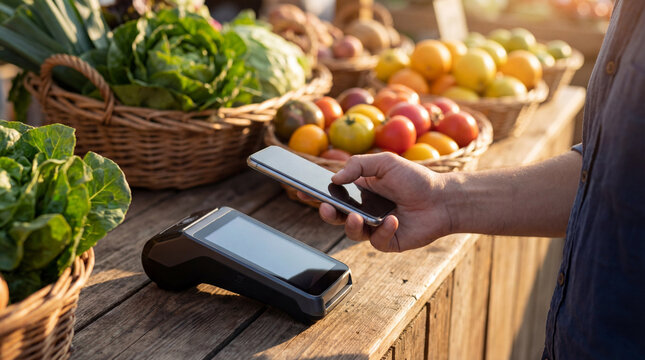 Contactless payment with smartphone at farmers market, customer buying fresh organic produce outdoors.