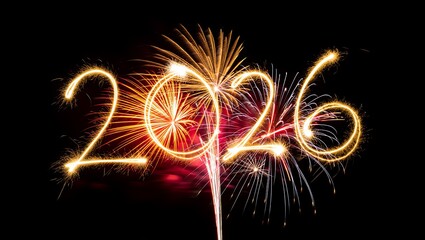 Year 2026 written with sparkler fireworks and bursting fireworks on black background