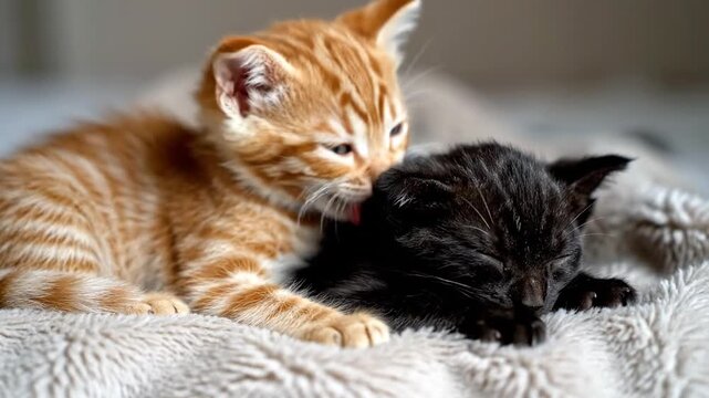 An orange tabby kitten gently licks the head of a black kitten on a soft, fuzzy blanket with a warm and cozy mood.