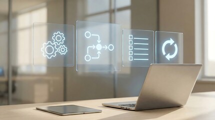 Modern office workspace with laptop and tablet displaying digital workflow icons