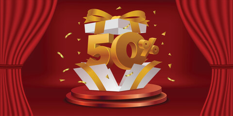 Gift box opened with the number fifty percent discount on the red podium
