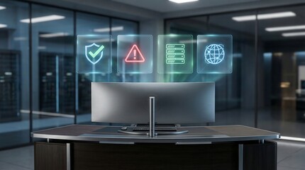 Modern office workstation with computer and cybersecurity icons on screen
