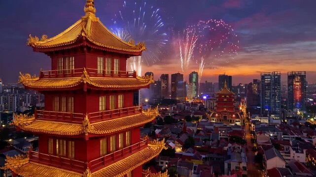 Traditional chinese pagoda overlooks a modern city skyline with celebratory fireworks at dusk