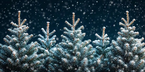 A Beautiful Winter Wonderland Scene Featuring Snow-Covered Blue Spruce Trees in Gentle Falling Snow