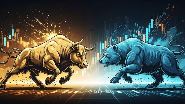 Bull and bear fighting over a stock market trading chart. Financial investment and market volatility. Stylized golden bull and blue bear clashing against a digital candlestick graph