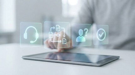 Businessman interacting with futuristic digital interface on tablet