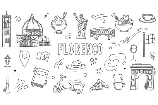 Florence icon set: famous landmarks and italian cuisine elements in line art
