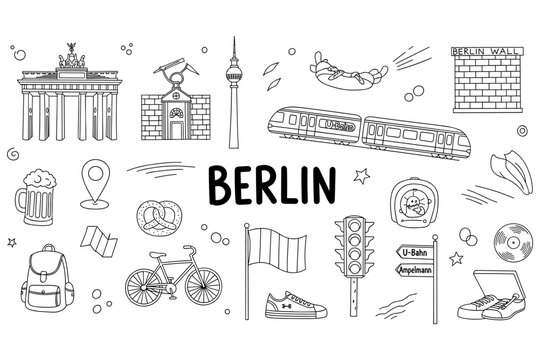 Berlin icons: brandenburg gate, tv tower, u-bahn, beer, berlin wall, backpack, bicycle
