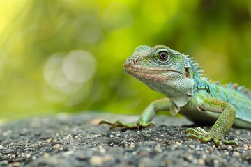 Fototapeta premium Close up of a vibrant chinese water dragon resting on a rock, showcasing its intricate scales and captivating gaze