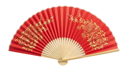 Red Chinese fan with gold floral designs on transparent background