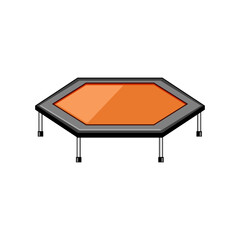 Cartoon illustration depicting a modern hexagonal mini trampoline with an orange bouncing mat and grey frame, representing equipment for indoor exercise, fitness, and active health routines