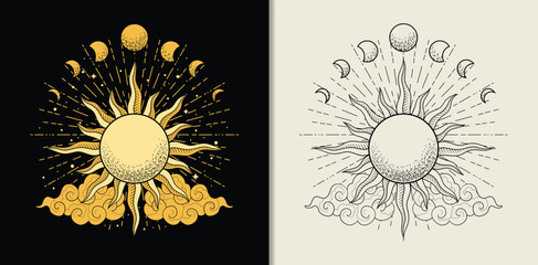 Engraved hand drawn radiant sun with moon phase and clouds