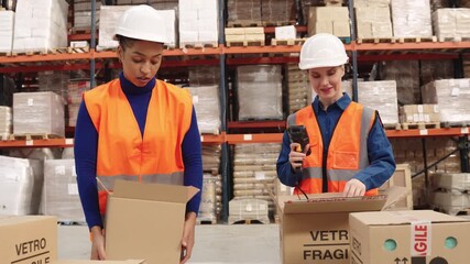 Female warehouse workers scanning and packing cardboard boxes - Powered by Adobe