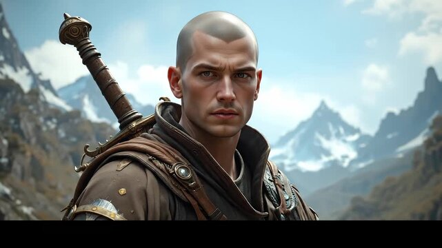 Bald medieval warrior standing with sword against a dramatic mountain landscape.