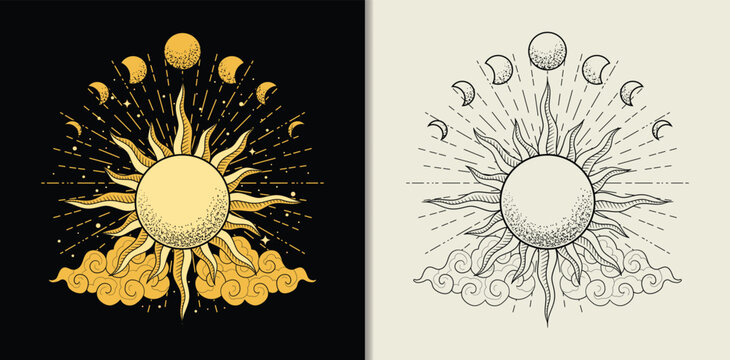 Engraved hand drawn radiant sun with moon phase and clouds