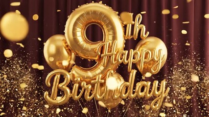 Luxurious golden foil balloons spelling out 9th Happy Birthday with sparkling confetti and glitter falling against an elegant dark red curtain background creating a festive and joyful atmosphere perf.