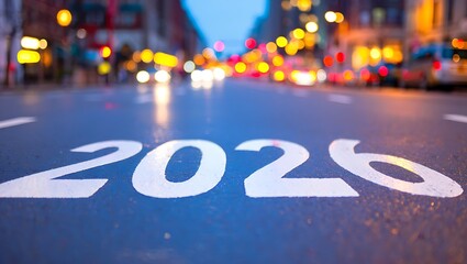 Street perspective with 2020 painted on wet asphalt at night with city lights