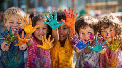 Happy diverse children showing colorful painted hands during creative art activity celebrating childhood joy and artistic expression together outdoors