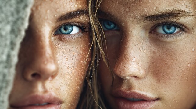 Close-up of two women with blue eyes and water droplets on their faces