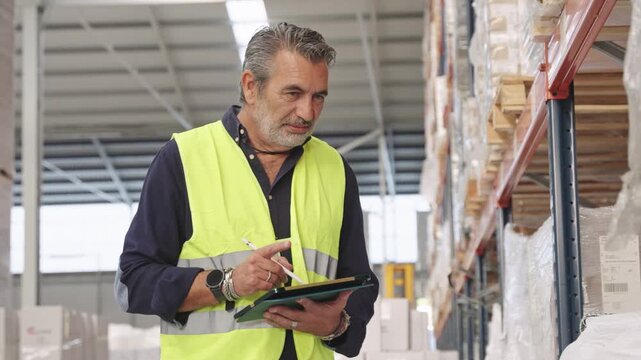 Warehouse supervisor checking inventory using digital tablet