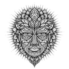 Intricate Black and White Sun Face Illustration.