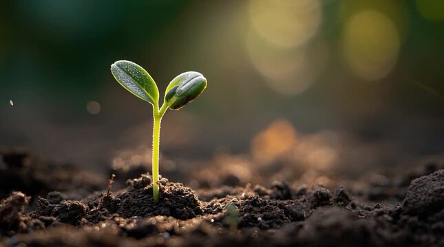 Seed sprout emerging from soil with a gentle glow on a clean background. Vertical composition ideal for social ads, symbolizing growth, sustainability, new beginnings, and eco-friendly brands.