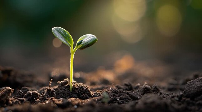 Seed sprout emerging from soil with a gentle glow on a clean background. Vertical composition ideal for social ads, symbolizing growth, sustainability, new beginnings, and eco-friendly brands.