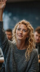 Cheerful young woman with curly blonde hair raises hand enthusiastically while participating in educational workshop or community gathering event