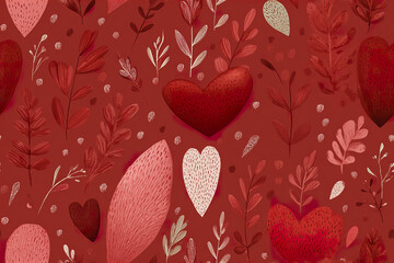 Obraz premium Feminine heart with red background and stylized leaves creates warm and romantic pattern filled with soft textures and natural elements for decorative design