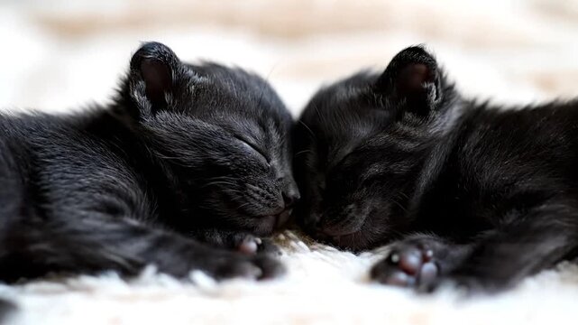 Close-up of two adorable black kittens sleeping head to head on a soft, white textured surface with shallow depth of field.