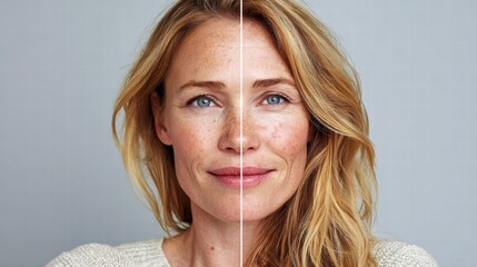 Woman's face before and after skincare treatment, showcasing skin health.