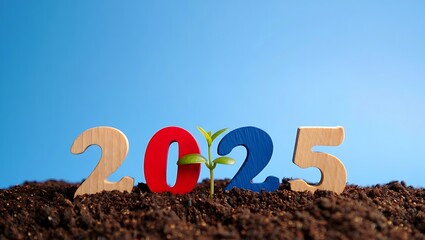 Wooden numbers spelling 2025 with a small green sprout growing from soil