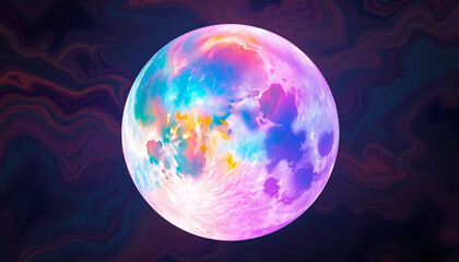 A glowing 3D sphere of planet Earth and the moon illuminates the dark expanse of space and the global universe with a blue atmosphere and shimmering stars in this abstract astronomy map