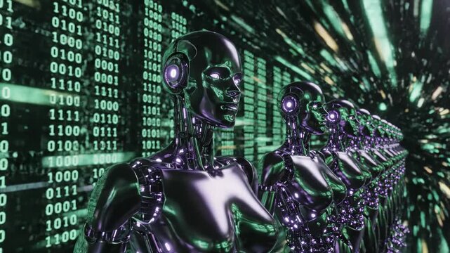 Futuristic robots standing in a row with binary code in the background